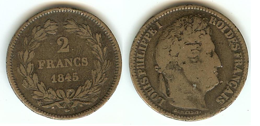 2 Francs Louis Philippe 1845BB Strasbourg aF/VF+